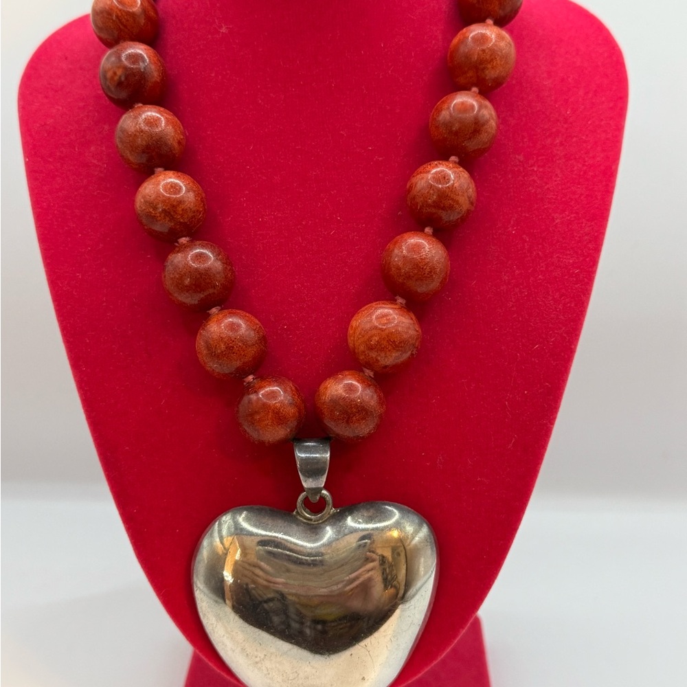 Vintage Taxco Sterling Silver Heart with Sponge Coral Beads Necklace/Bracelet ❤️